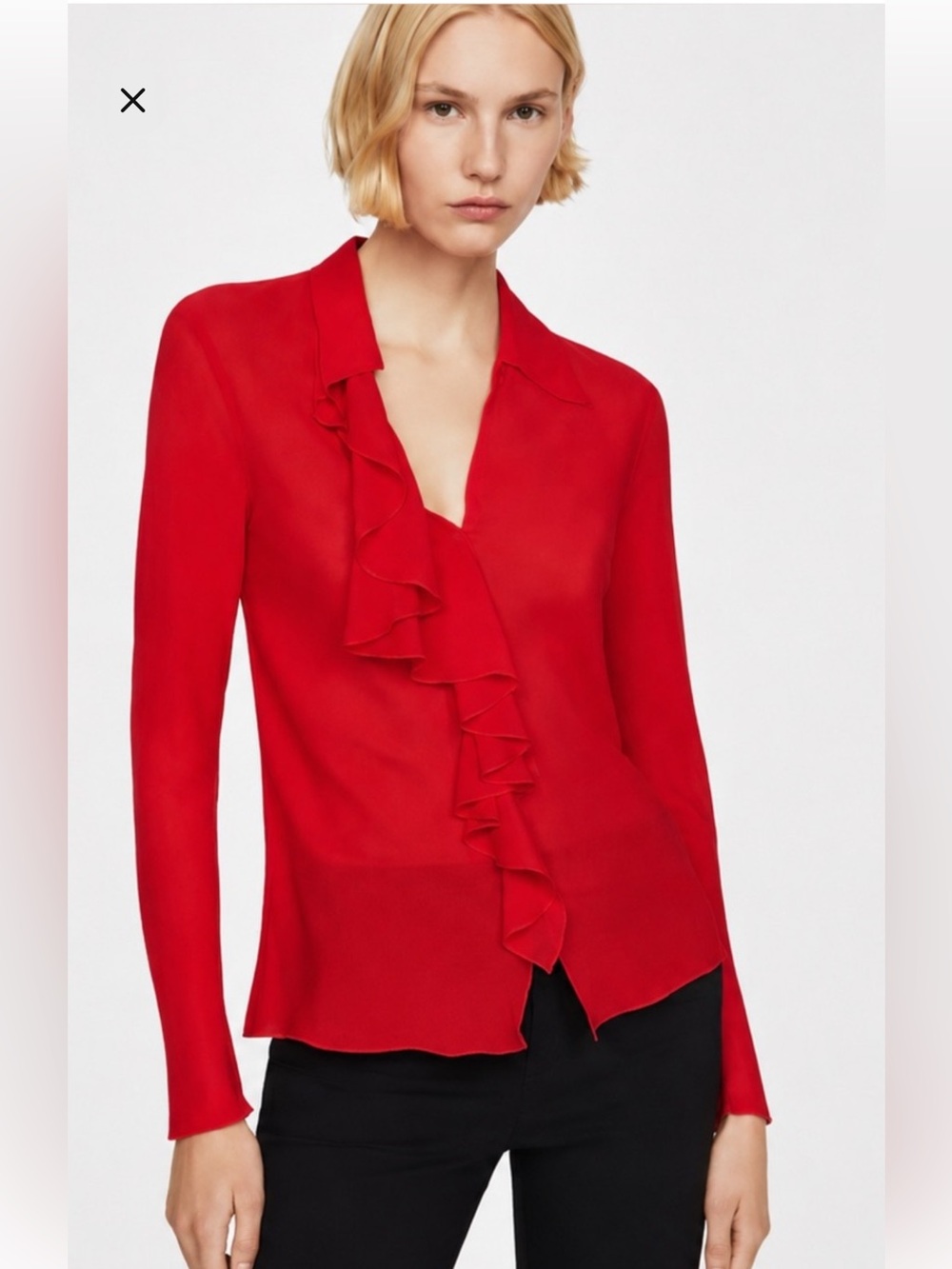 NWT Mango Vibrant Red V neck Sheer Ruffled Blouse Long Sleeve Collared Top